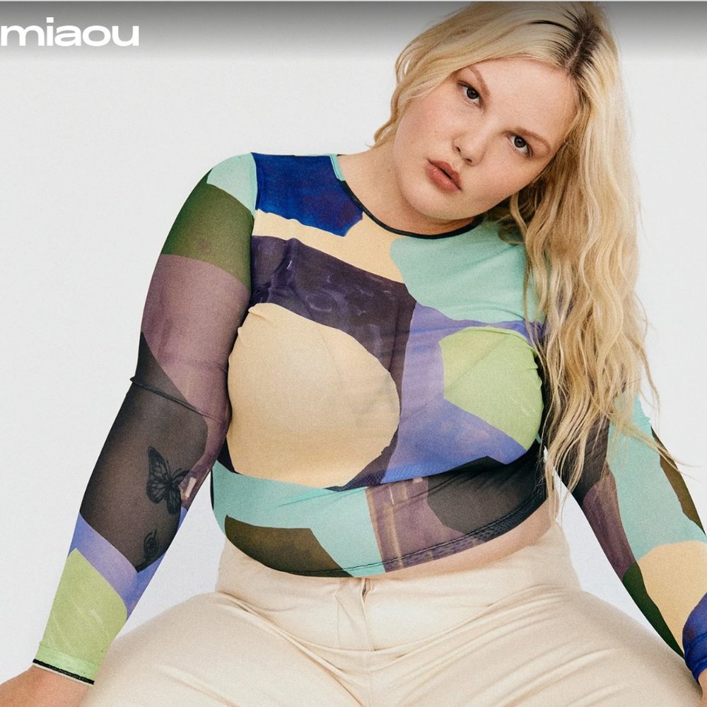 XL Miaou paint-splatter mesh top